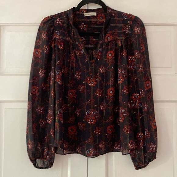 Ulla Johnson Constance Floral Blouse Silk‎ Metallic Gold Crepe Top Size 0 Noir - Picture 4 of 11